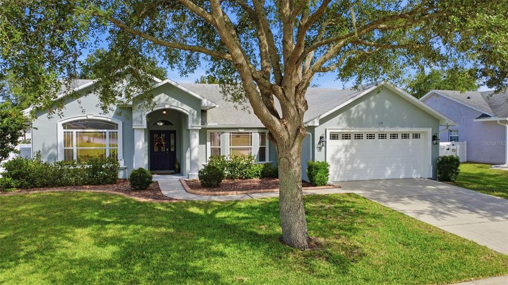 A single-story house with a light green exterior, a two-car garage, and a large tree — 115 RACHEL LIN LANE, ST CLOUD, FL