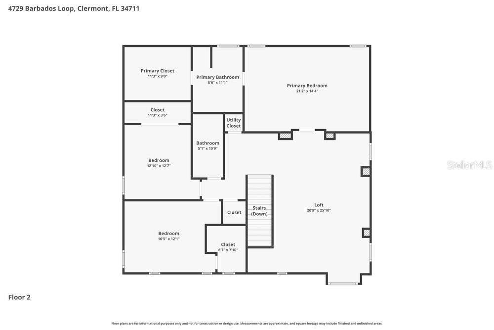 This is a floor plan for the second level of a residential home — 4729 BARBADOS LOOP, CLERMONT, FL