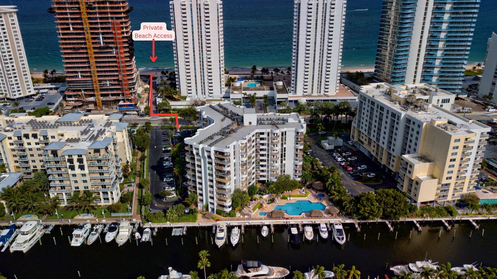 Aerial view of a coastal condominium complex with a private beach access path — 1361 South Ocean # 808, Pompano Beach FL 33062, POMPANO BEACH, FL