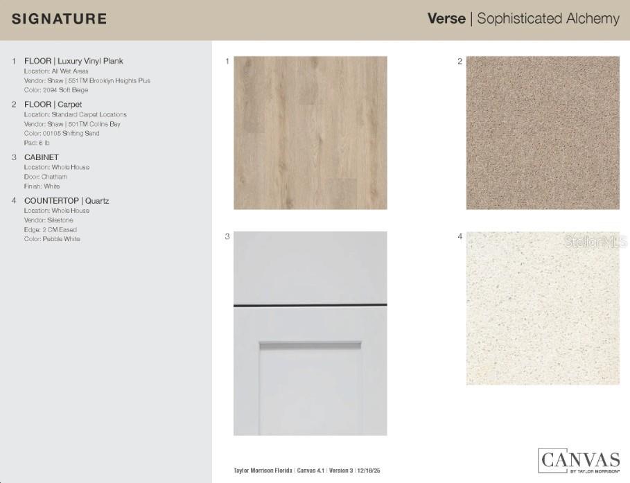 This design board displays flooring, cabinet, and countertop samples for a home interior — 7413 FIELDSTONE DRIVE, GROVELAND, FL
