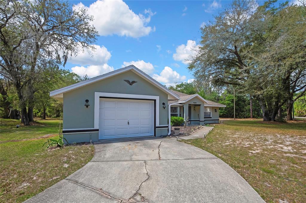 A single-story house with a green exterior, a white garage door, and a cracked driveway — 9690 N ALDER AVENUE, CRYSTAL RIVER, FL