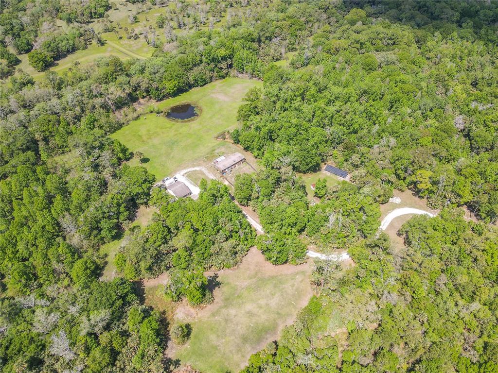 An aerial view shows a rural property with two houses, a pond, and wooded acreage — 1501 ASHBY CREEK ROAD, OSTEEN, FL