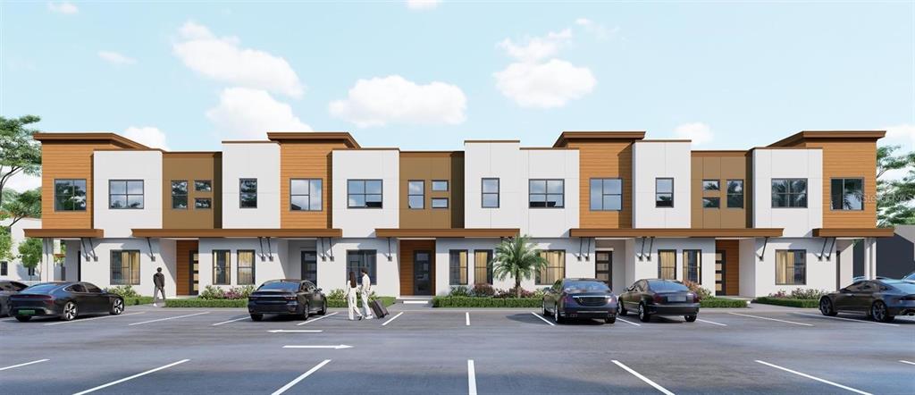 This is a rendering of a modern multi-unit townhouse complex with a front parking lot — 241 BREEZEWAY DRIVE, DAVENPORT, FL
