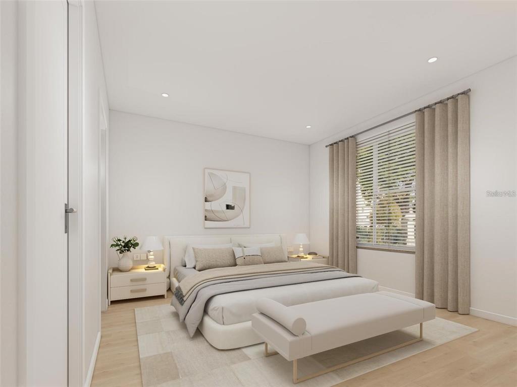 This is a digital rendering of a modern bedroom with a bed and bench — 241 BREEZEWAY DRIVE, DAVENPORT, FL