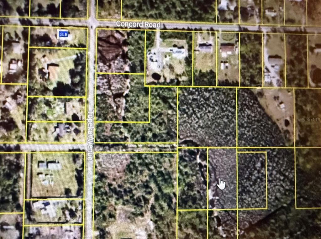 This is an aerial map view showing several land parcels near Concord Road and Topeka Avenue — TOPEKA AVENUE, ST CLOUD, FL