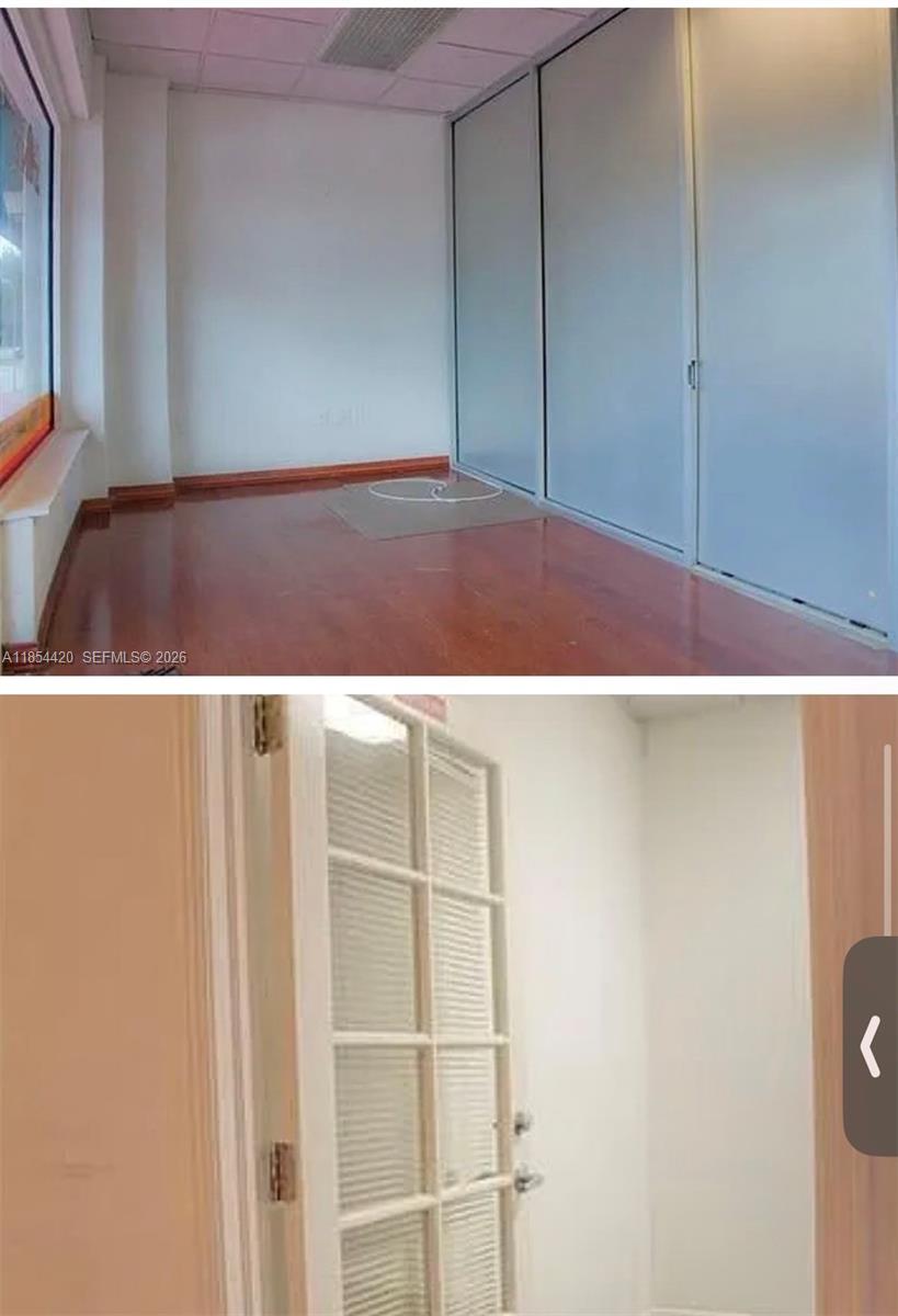 This composite image shows an office room with wood flooring and a glass-paneled door — 710 W 51st St, Miami Beach FL 33140, MIAMI BEACH, FL