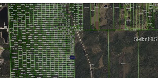 This is an aerial map showing a grid of land parcels with one lot highlighted — DILL ROAD, ORLANDO, FL