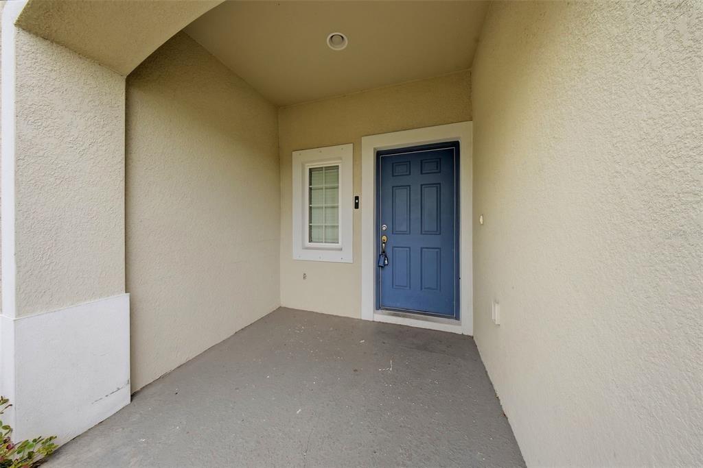 A covered entryway features a blue front door, a small window, and concrete flooring — 7910 EVERGREEN CREEK COURT, RIVERVIEW, FL