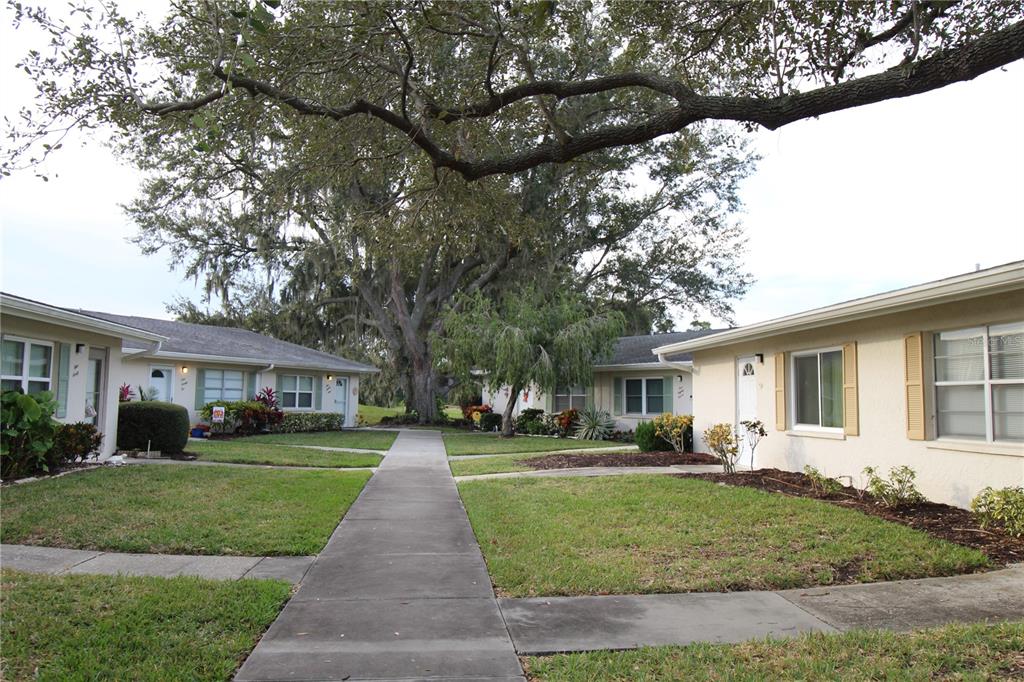 A concrete walkway leads between two single-story residential buildings with large trees in the background — 2202 CLUBHOUSE DRIVE UNIT 185, SUN CITY CENTER, FL