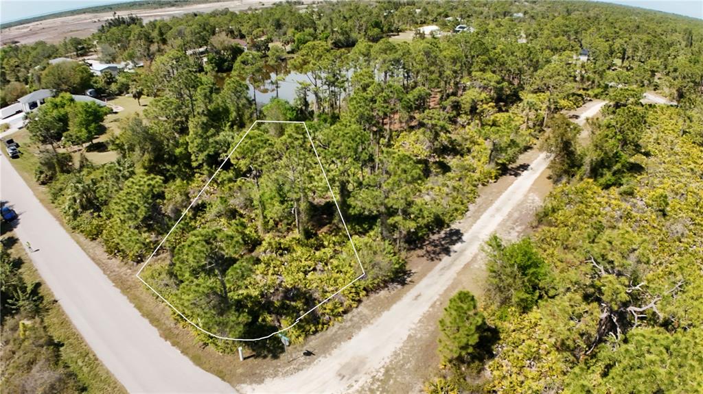 An aerial view shows a wooded, trapezoidal lot outlined in white next to two roads — 27098 CAPISTRANO DRIVE, PUNTA GORDA, FL