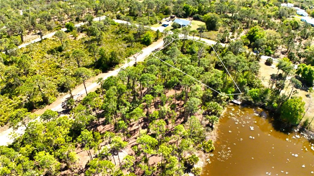 An aerial view shows a wooded, undeveloped lot bordering a pond with a white outline — 27098 CAPISTRANO DRIVE, PUNTA GORDA, FL