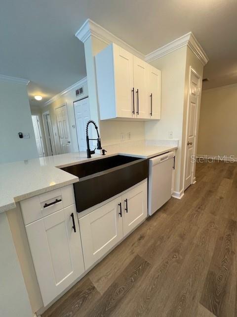 A kitchen features white cabinets, a dark farmhouse sink, and light countertops — 18319 BRIDLE CLUB DRIVE, TAMPA, FL