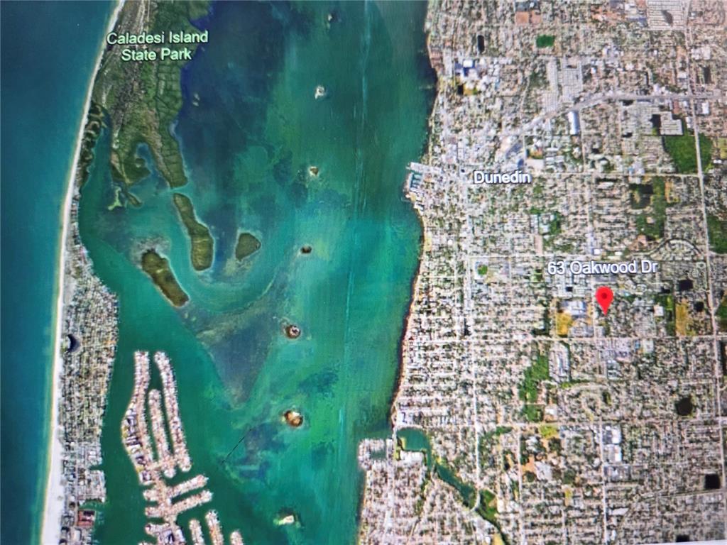 This is a satellite map view showing a residential area near the coast in Dunedin — 63 OAKWOOD DRIVE, DUNEDIN, FL