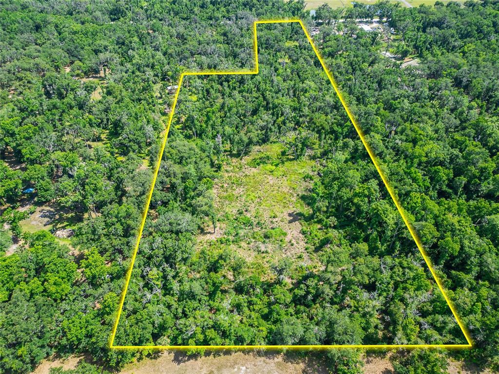 An aerial view shows a wooded, rectangular plot of land outlined in yellow — 672 HIGHWAY, LITHIA, FL
