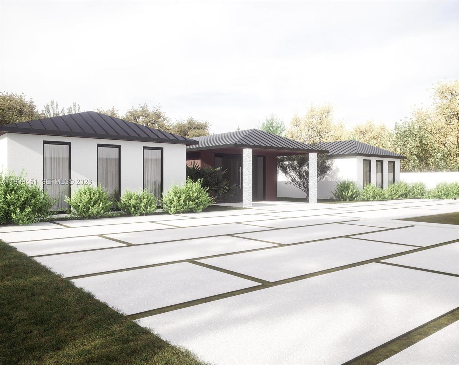 This is a rendering of a modern single-story house with a large concrete paver driveway — 409 De Leon Dr, Miami Springs FL 33166, MIAMI SPRINGS, FL