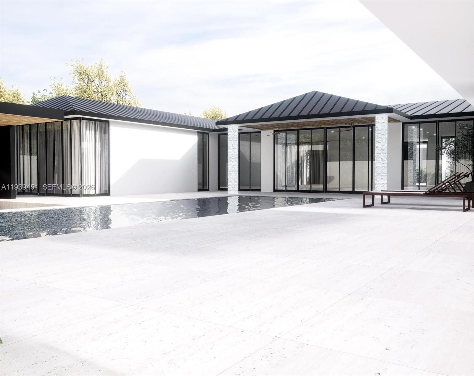This architectural rendering shows a modern home exterior with a pool and patio area — 409 De Leon Dr, Miami Springs FL 33166, MIAMI SPRINGS, FL
