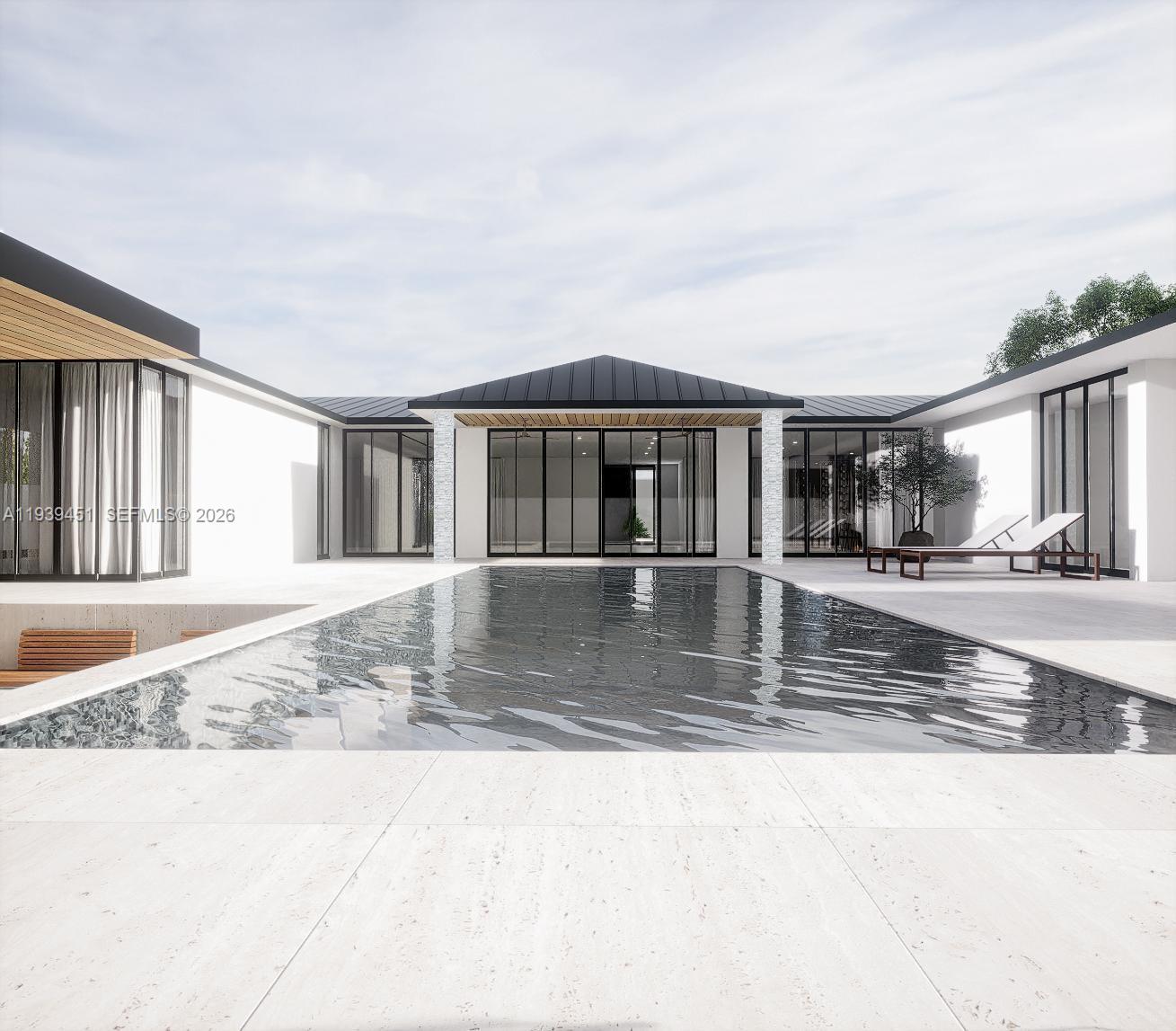 This is a rendering of a modern house exterior featuring a central swimming pool courtyard — 409 De Leon Dr, Miami Springs FL 33166, MIAMI SPRINGS, FL