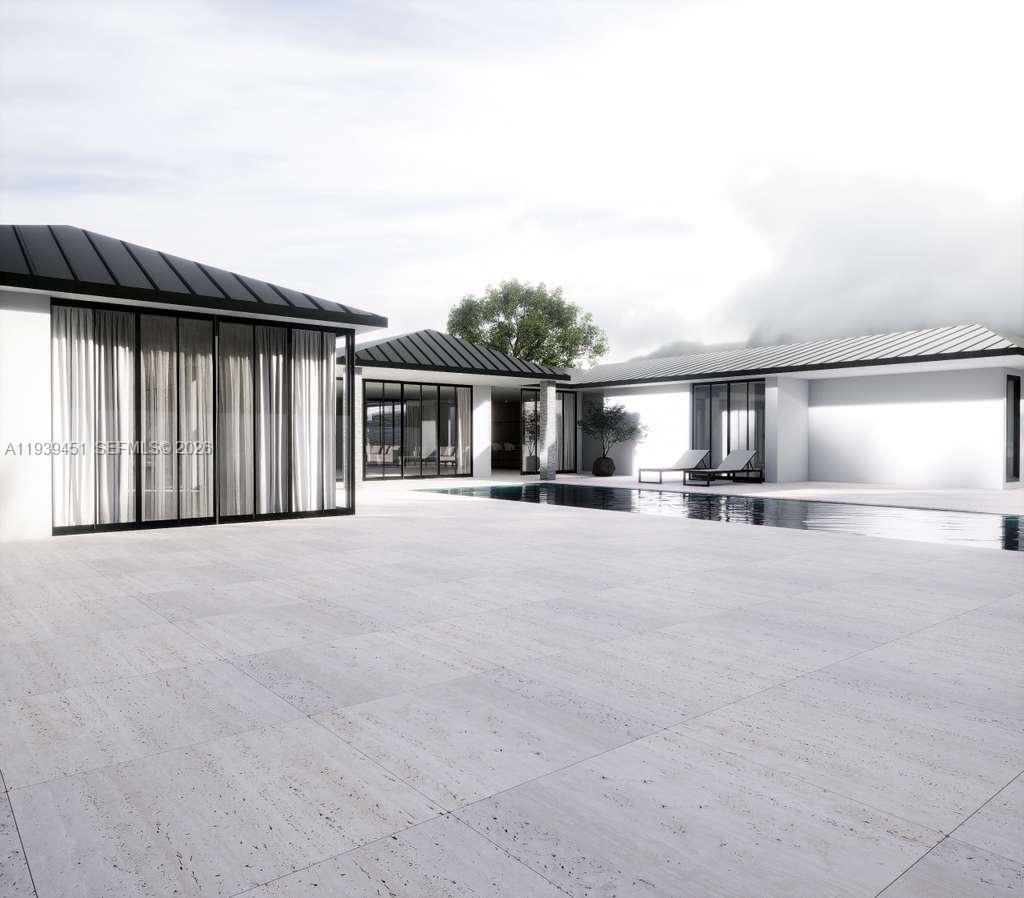 This is a rendering of a modern house exterior with a pool and patio — 409 De Leon Dr, Miami Springs FL 33166, MIAMI SPRINGS, FL