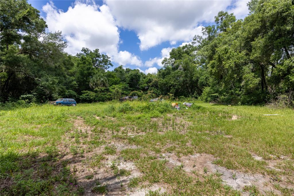 A grassy, overgrown lot features a blue car and scattered debris near a wooded area — 3728 N US HIGHWAY 441, OCALA, FL