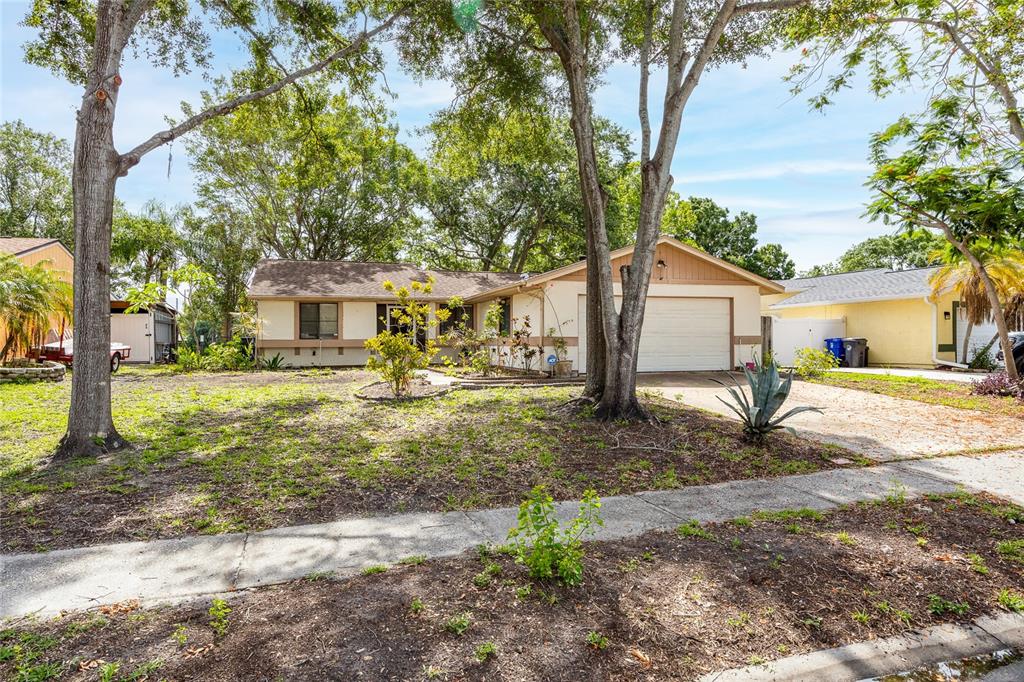 A single-story house with a garage, tan siding, and large trees in the front yard — 627 TIMBER BAY CIRCLE W, OLDSMAR, FL