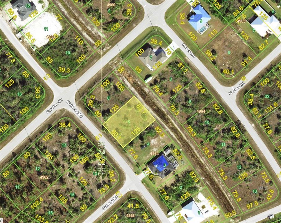 This is a satellite map showing residential land parcels and roads — 8172 WELSFORD ROAD, PORT CHARLOTTE, FL