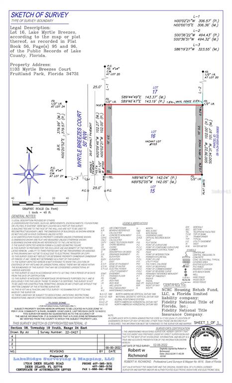 This is a boundary survey map for a vacant residential lot — 1103 MYRTLE BREEZES COURT, FRUITLAND PARK, FL