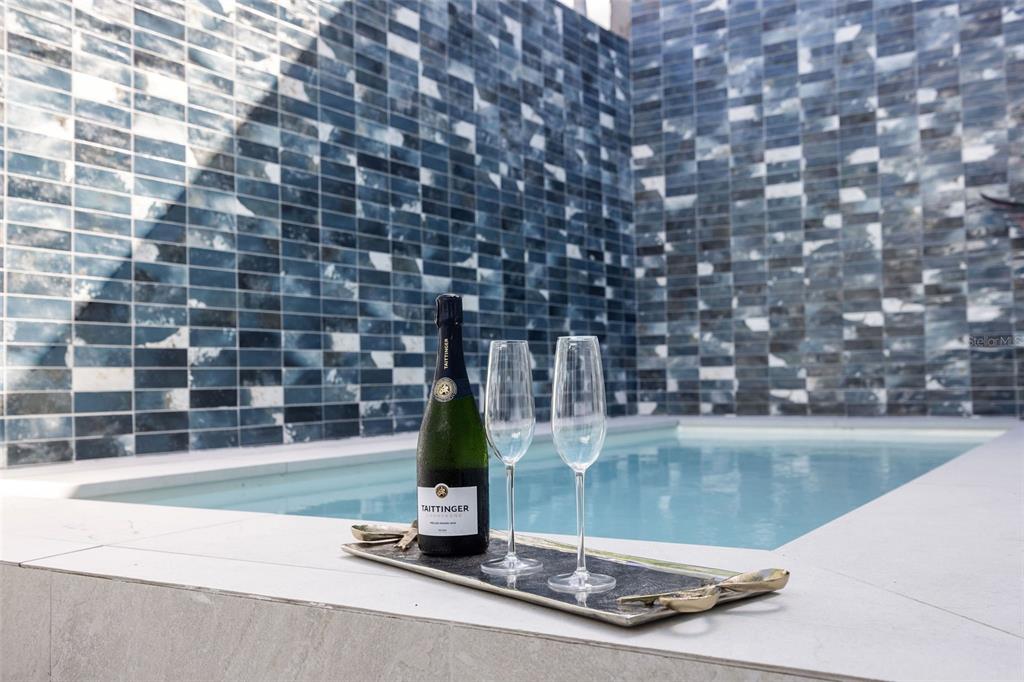 A bottle of champagne and two glasses sit on a tray beside a small pool — 115 SANTA CECILIA, SAN JUAN, PR