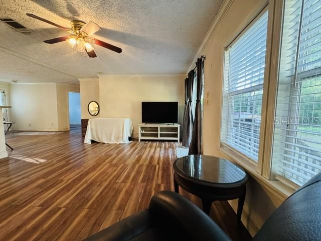 A living room features wood-look flooring, a ceiling fan, a television on a stand, and windows — 11817 SW 58TH STREET, WEBSTER, FL