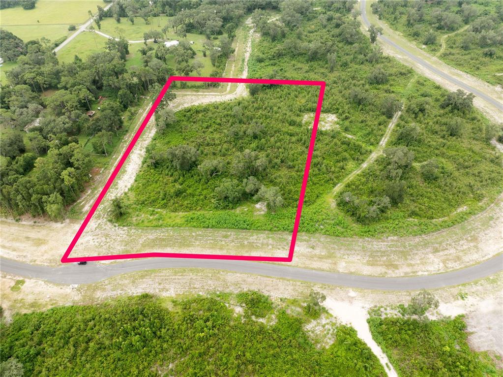 An aerial view shows a rectangular plot of land outlined in red near a road — 1485 OXFORD PRESERVE TRL, OXFORD, FL