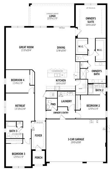 This is a floor plan for a single-story house featuring four bedrooms and a three-car garage — 12012 ETHOS COURT, VENICE, FL
