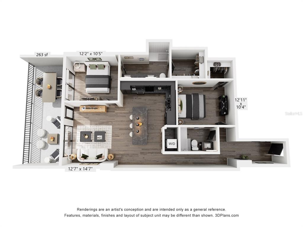 This is a 3D floor plan rendering of a two-bedroom apartment with a balcony — 221 MAIN STREET N UNIT B1-1013, ST PETERSBURG, FL