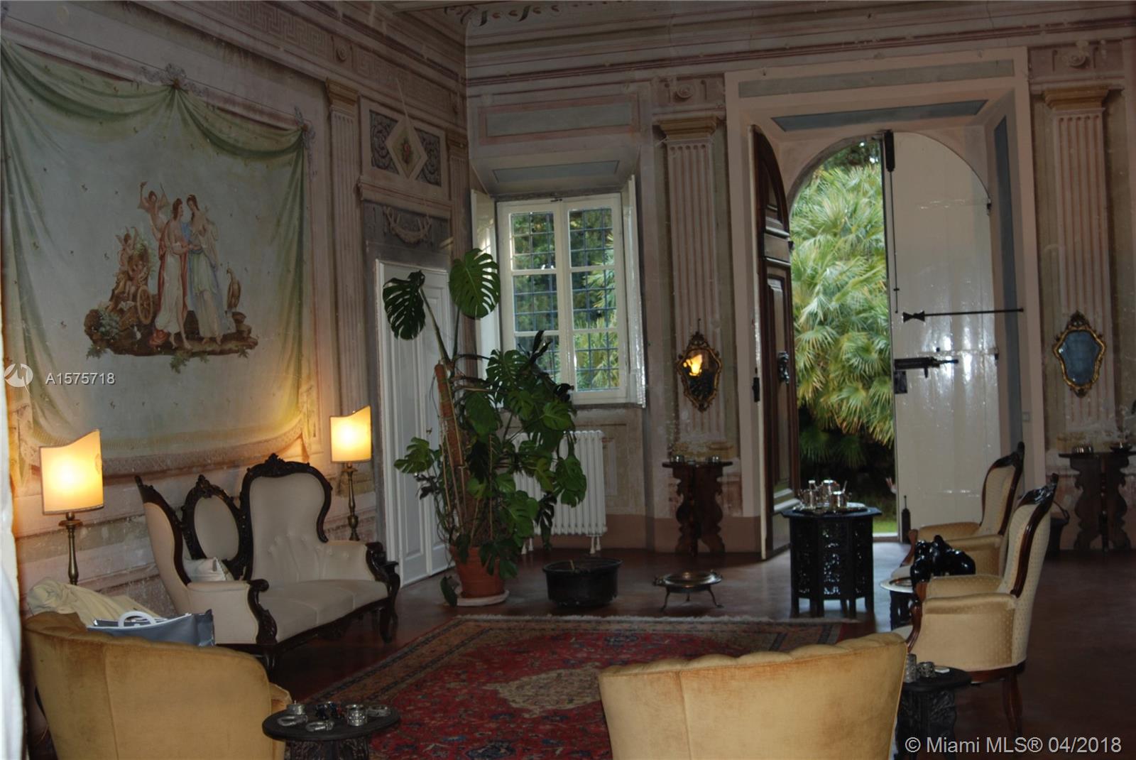 A formal living room features antique furniture, a large mural, and an open doorway to greenery — 0 UNITA IMMOBILIARE IN, FL 0, FL