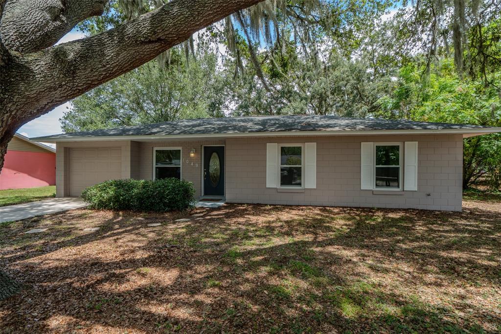 A single-story house with a beige block exterior, a garage, and a large oak tree — 1049 BIRCH BOULEVARD, TAVARES, FL