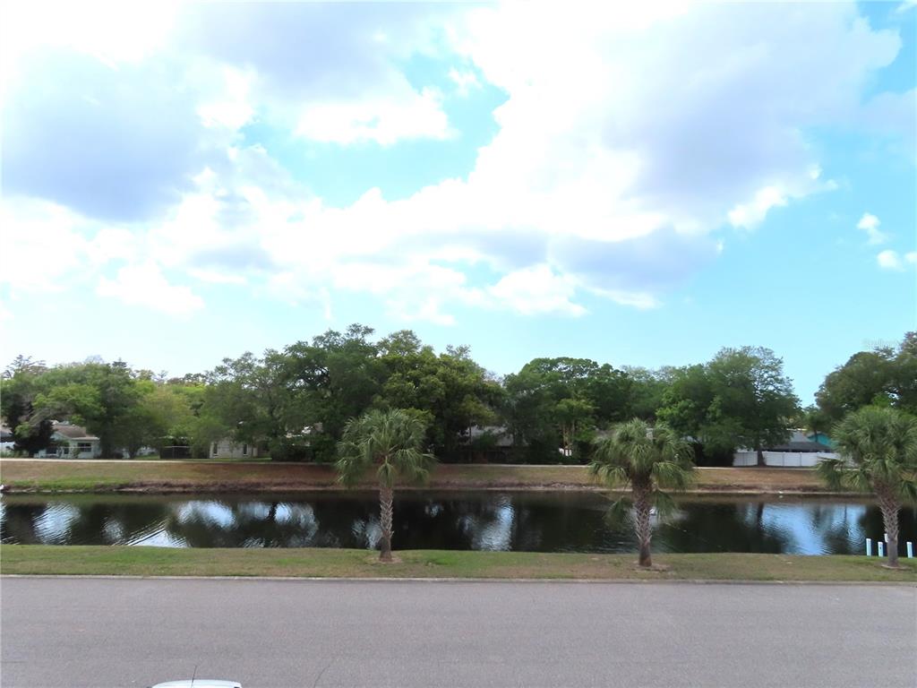 A view across a street toward a canal lined with palm trees and mature trees — 2291 AMERICUS BOULEVARD W UNIT 37, CLEARWATER, FL