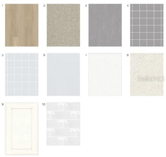 This image is a digital collage showing ten different interior design material and finish samples — 7520 MOONBEAM AVENUE, SARASOTA, FL
