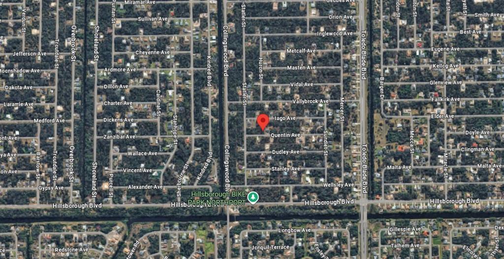 This is an aerial map view of a residential neighborhood with a red location pin — 17469 & 17477 DUDLEY AVENUE, PORT CHARLOTTE, FL