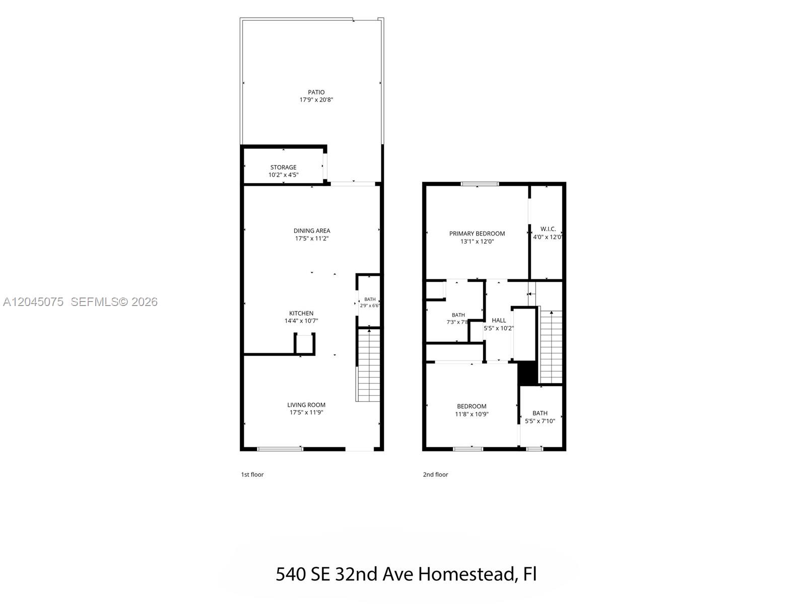 This is a two-story floor plan showing the layout of a residential property — 540 SE 32nd Ave, Homestead FL 33033, HOMESTEAD, FL
