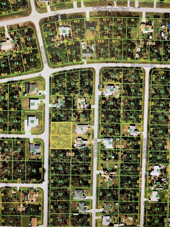 This is an aerial map showing residential lots and street layouts in a neighborhood — 6146 TEDDER STREET, PORT CHARLOTTE, FL