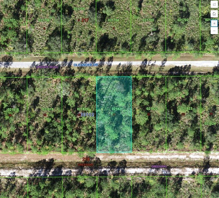 This is a map showing a rectangular parcel of land highlighted in blue — 0 OLEANDER DRIVE, INDIAN LAKE ESTATES, FL