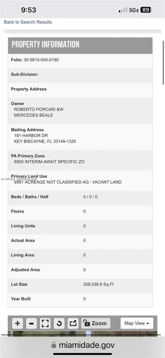 This image shows a digital property information record for a vacant land parcel — 12505 SW 202 ave, Miami FL 33196, MIAMI, FL
