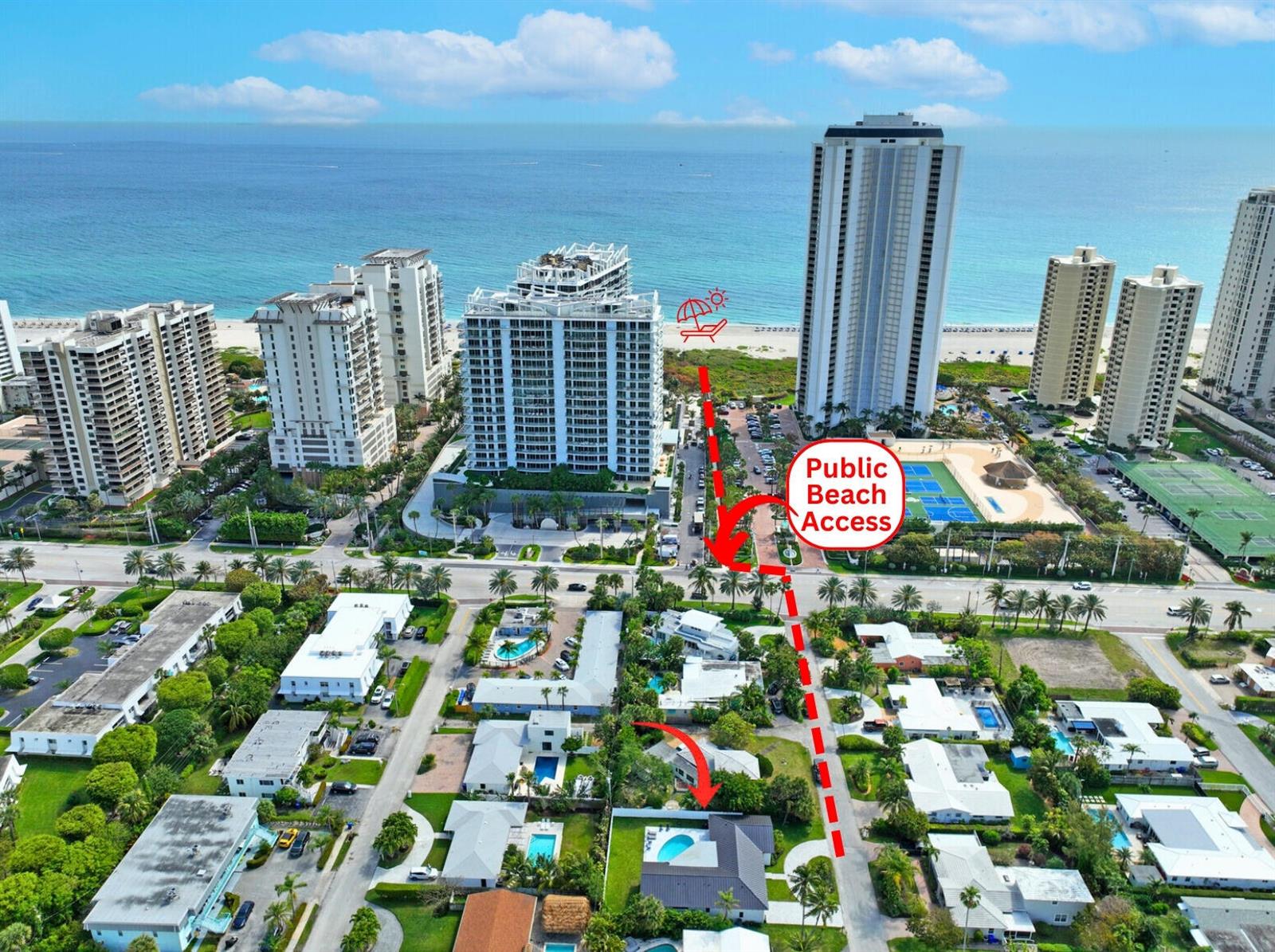 An aerial view shows a residential neighborhood with a marked path to the beach — 1248 N Harbor Drive, Singer Island FL 33404, SINGER ISLAND, FL