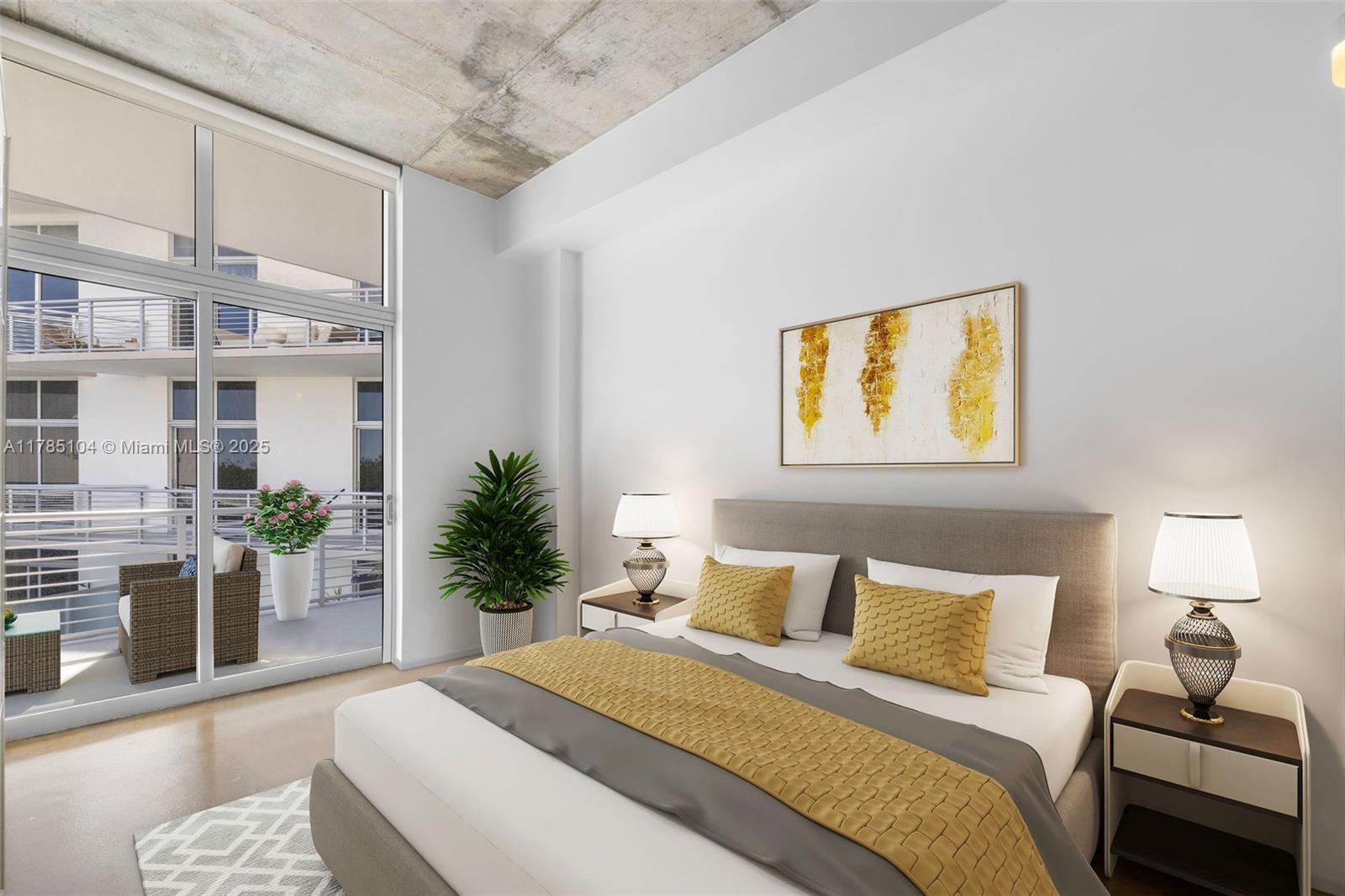 This bedroom rendering features a gray bed, two nightstands, and a balcony with outdoor furniture — 2001 Meridian Ave # 412, Miami Beach FL 33139, MIAMI BEACH, FL
