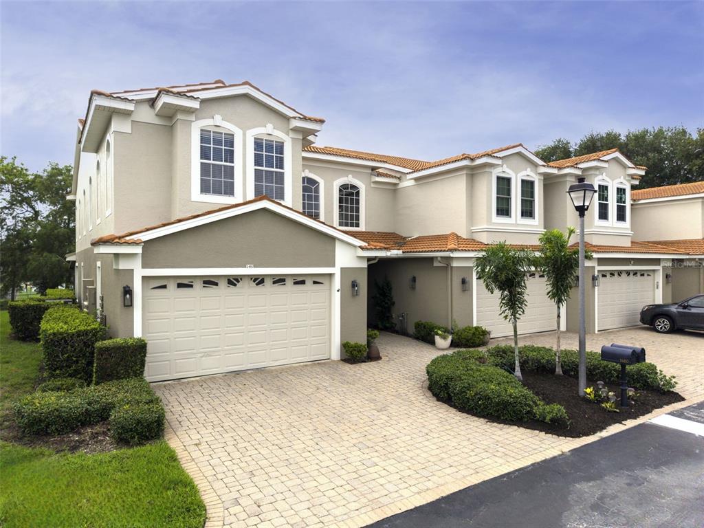 A two-story townhouse with a beige stucco exterior, tile roof, and a paved driveway — 1460 RIBOLLA DRIVE, PALM HARBOR, FL