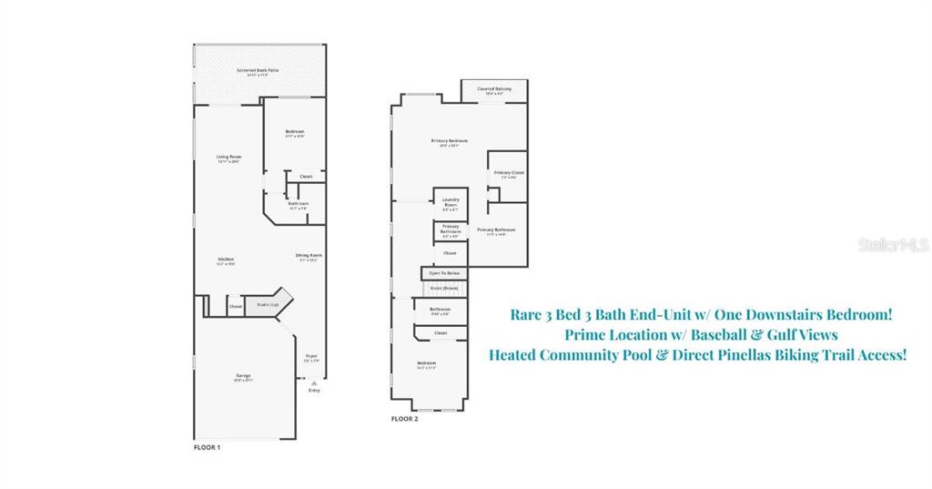This image shows a two-story floor plan for a three-bedroom, three-bathroom residential unit — 1460 RIBOLLA DRIVE, PALM HARBOR, FL