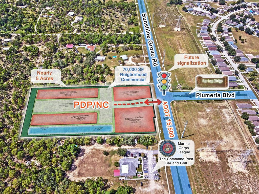 An aerial rendering shows a commercial development site with planned lots adjacent to a road intersection — 0 SUNSHINE GROVE ROAD, BROOKSVILLE, FL