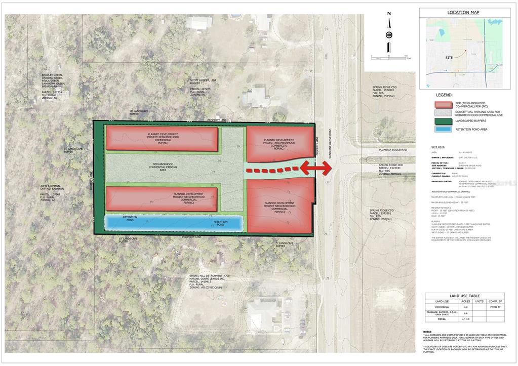 This is a site plan rendering showing a proposed commercial development with parking and landscaping — 0 SUNSHINE GROVE ROAD, BROOKSVILLE, FL