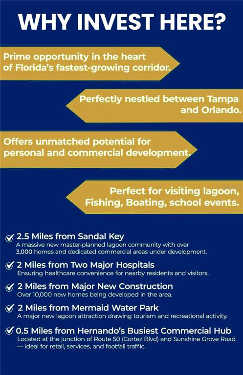 This infographic lists investment benefits and proximity to local landmarks in a Florida real estate development — 0 SUNSHINE GROVE ROAD, BROOKSVILLE, FL