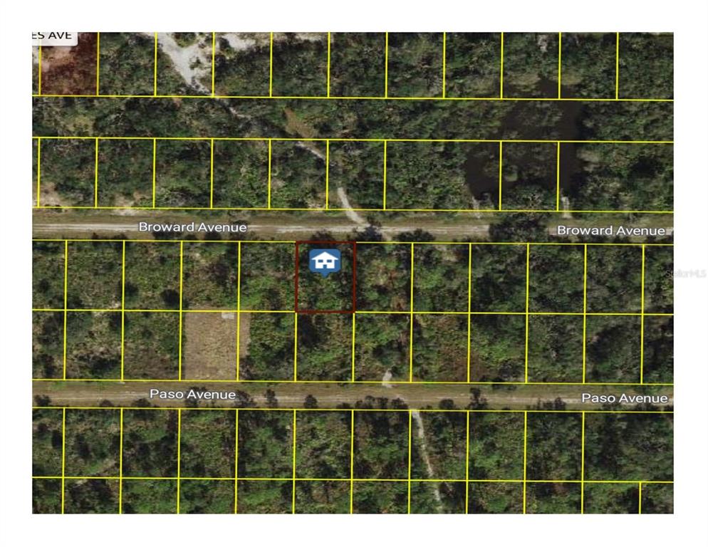 This is an aerial map showing a highlighted property lot between Broward and Paso Avenues — BROWARD AVENUE, NORTH PORT, FL