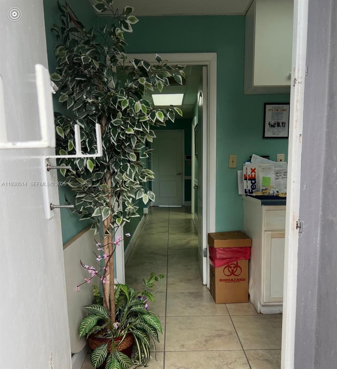 A hallway with tile flooring leads to a doorway, featuring a potted plant and biohazard box — 4750 NW 7 ST, Miami FL 33126, MIAMI, FL