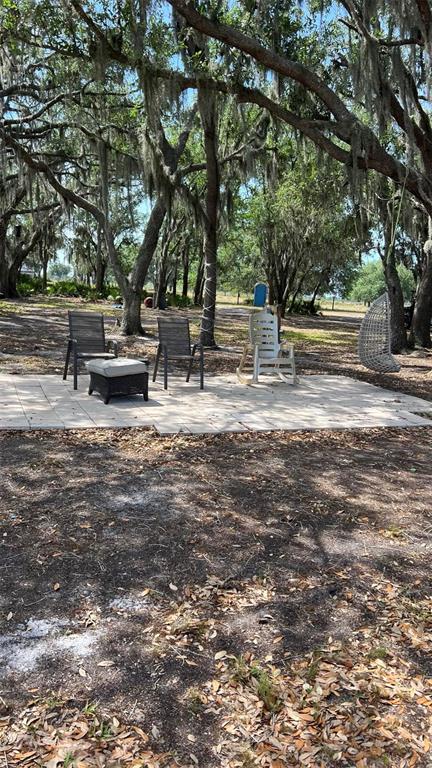 A stone patio with outdoor furniture sits under large trees draped in Spanish moss — 45855 CLAY GULLY ROAD, MYAKKA CITY, FL